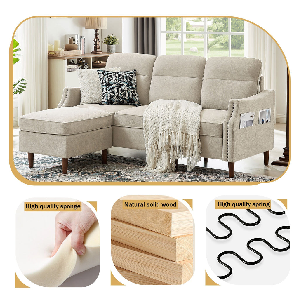 Beige L-Shaped Sectional Sofa Couch with Storage Bags R553