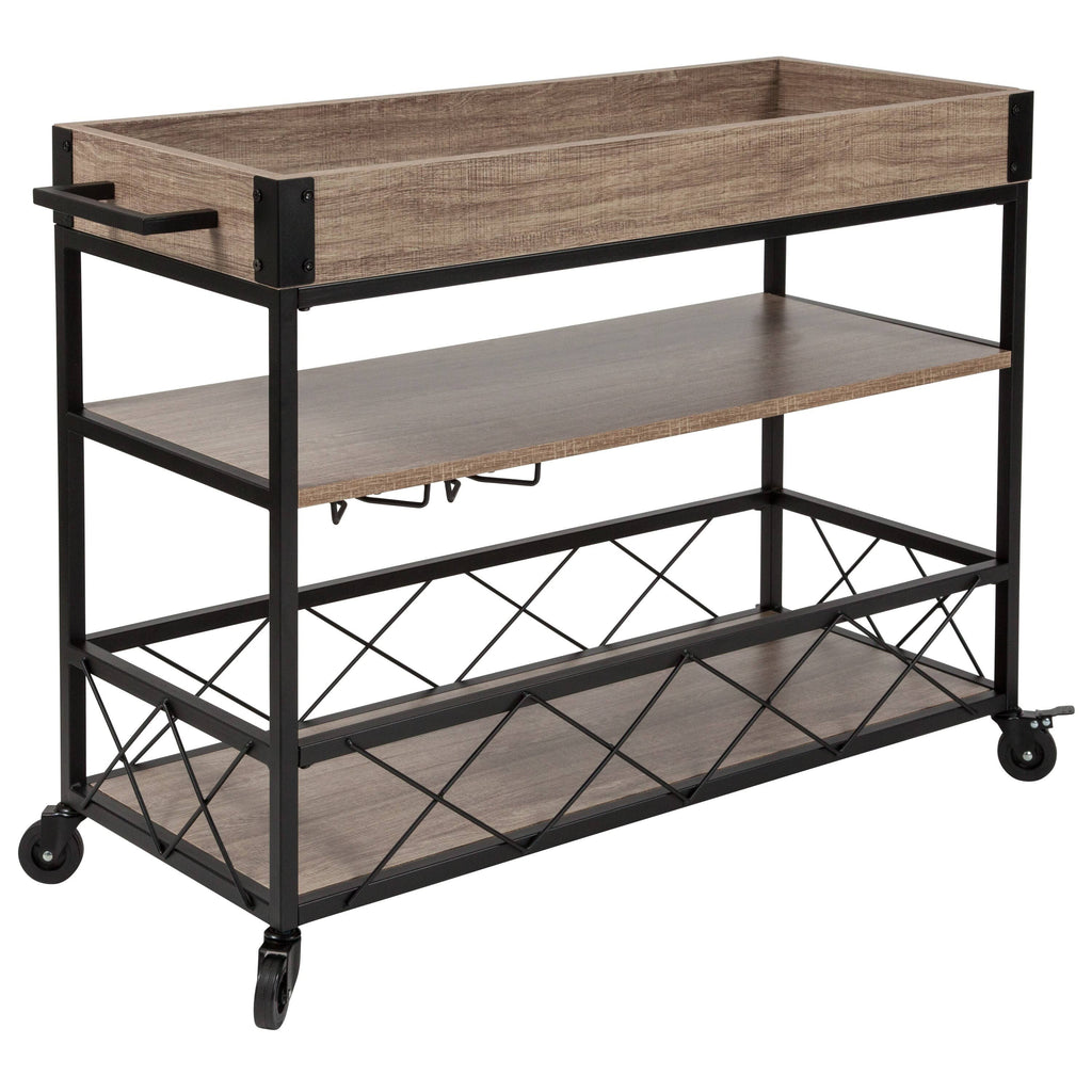 Aged Oak Wood Kitchen Bar Cart with Stemware Rack Y4665