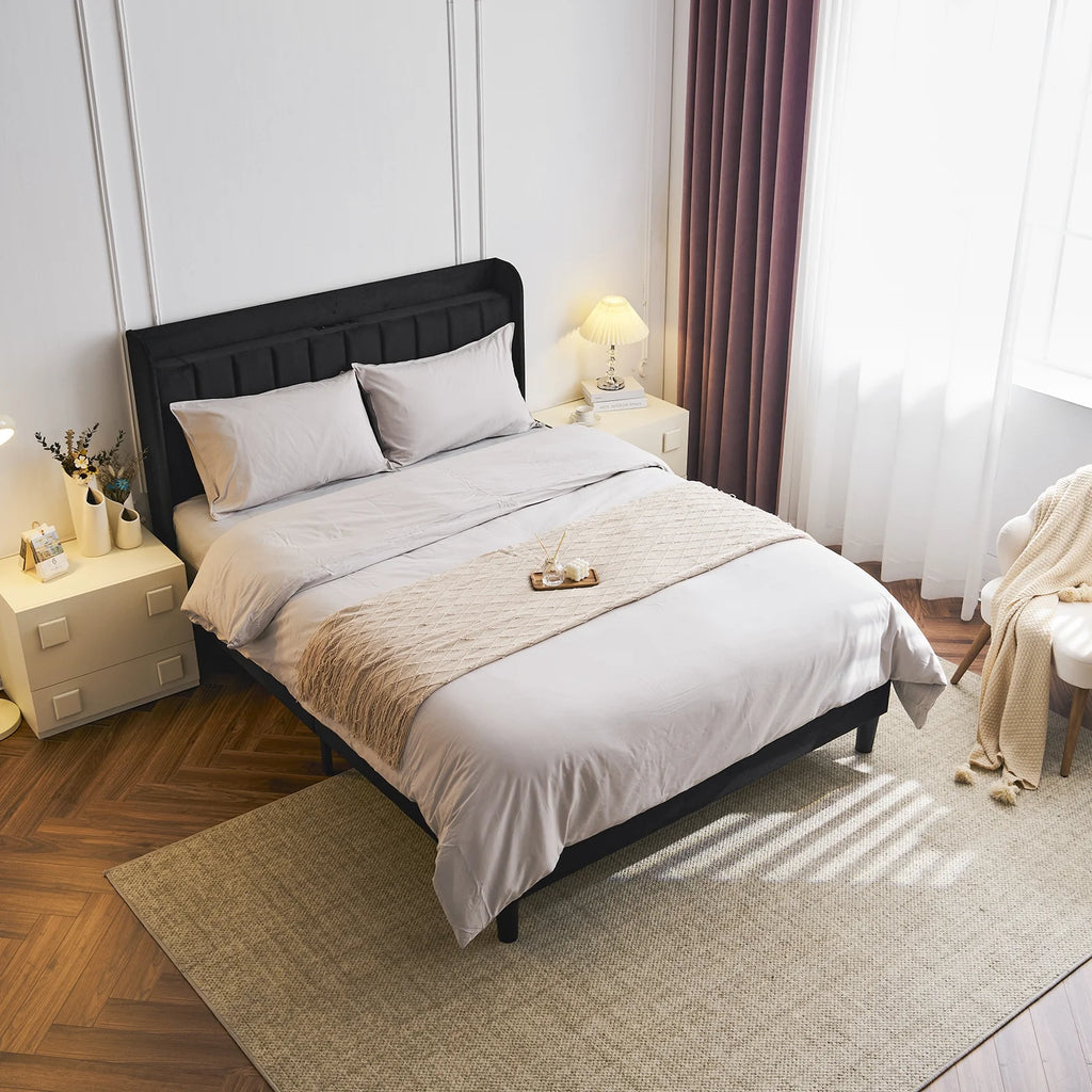Queen Bed Frame with Charging Station and Upholstered Headboard B569