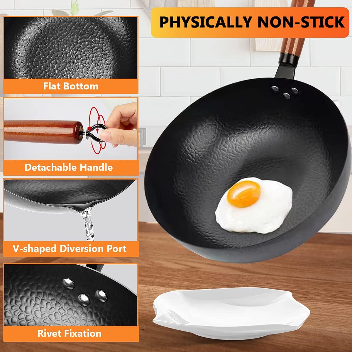 14 Piece Carbon Steel Wok Pan Set with Wooden Lid Z9918