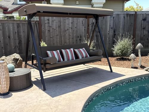 Outdoor Patio Porch Swing with Adjustable PVC Canopy, 3-seat Swing Chair Bench with Side Cup Holder, Cushions and Pillow Included, Grey E823