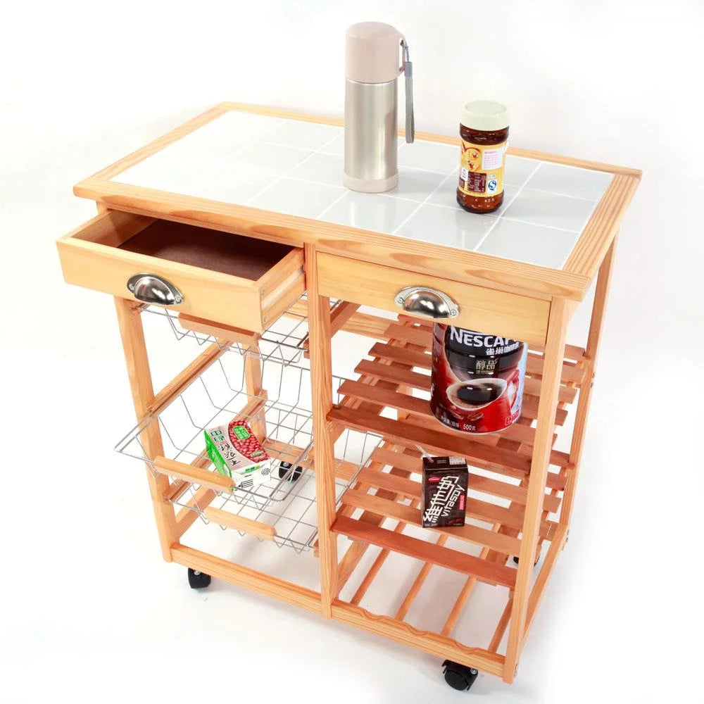 Rolling Wood Kitchen Cart with Drawers B171948