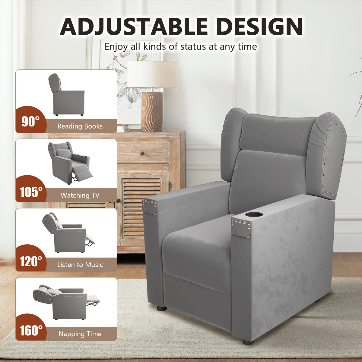 Gray Velvet Recliner Chair with Cup Holder and Table E920796