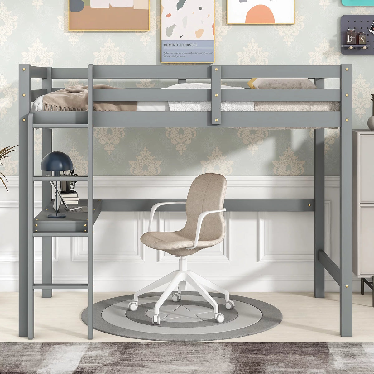 Twin Size Solid Wood Loft Bed with Desk and Ladder I767287