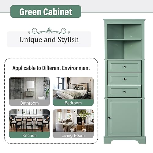 Green Tall Corner Cabinet with Drawers and Shelves D2418