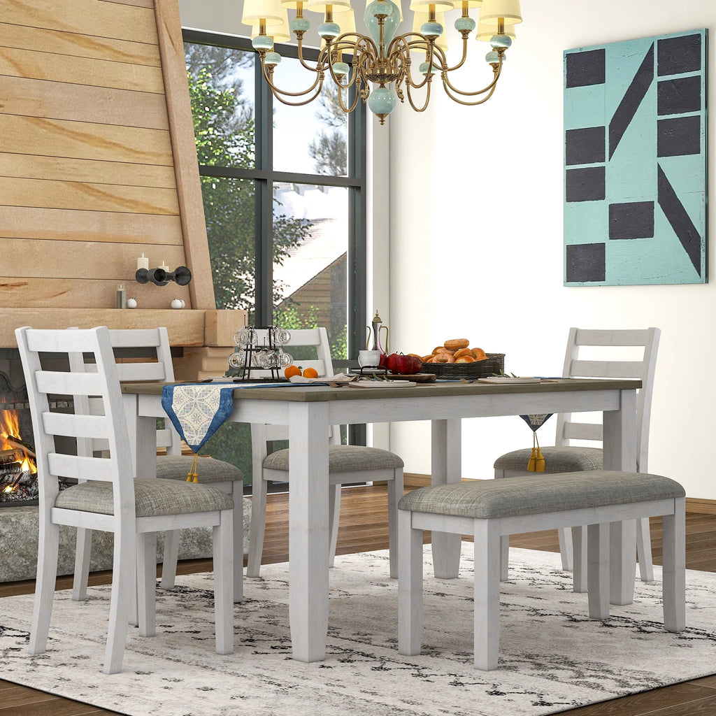 6 Pieces Wooden Dining Table Set with 4 Upholstered Chairs and Bench C989