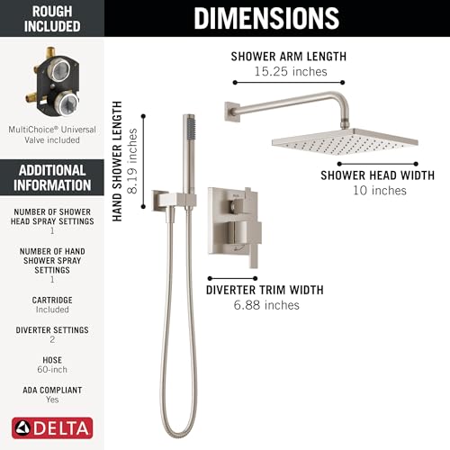 2-Setting Square Shower System with Rain Shower Head and Handheld Spray K561