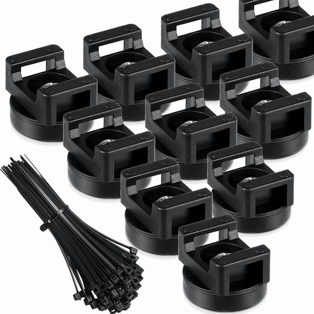 Black Magnetic Cable Holder with 10 Magnetic Bases and 50 Nylon Zip Ties X57437