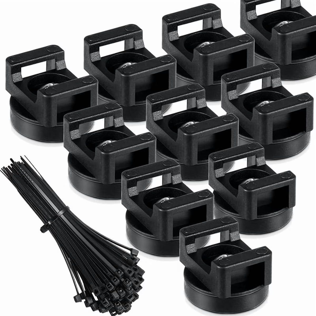 Black Magnetic Cable Holder with 10 Magnetic Bases and 50 Nylon Zip Ties X57437