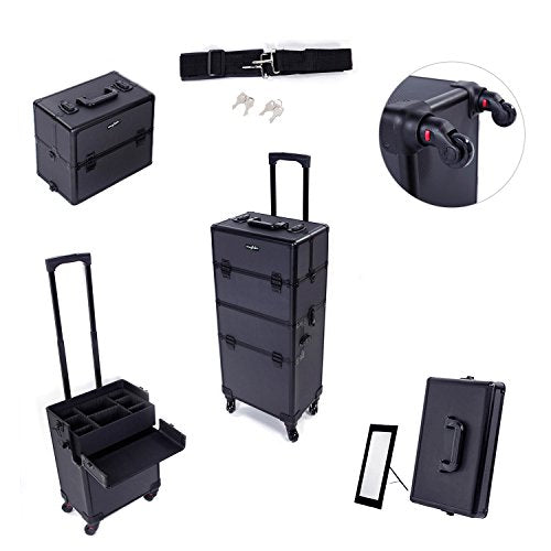 2 in 1 Rolling Makeup Train Case, Travel Makeup Organizer Cosmetic Display Case, Aluminum Cosmetology Supply Suitcase on Wheels, Beauty Storage Luggage Lockable w/4 Removable Wheels (Black) Z1175