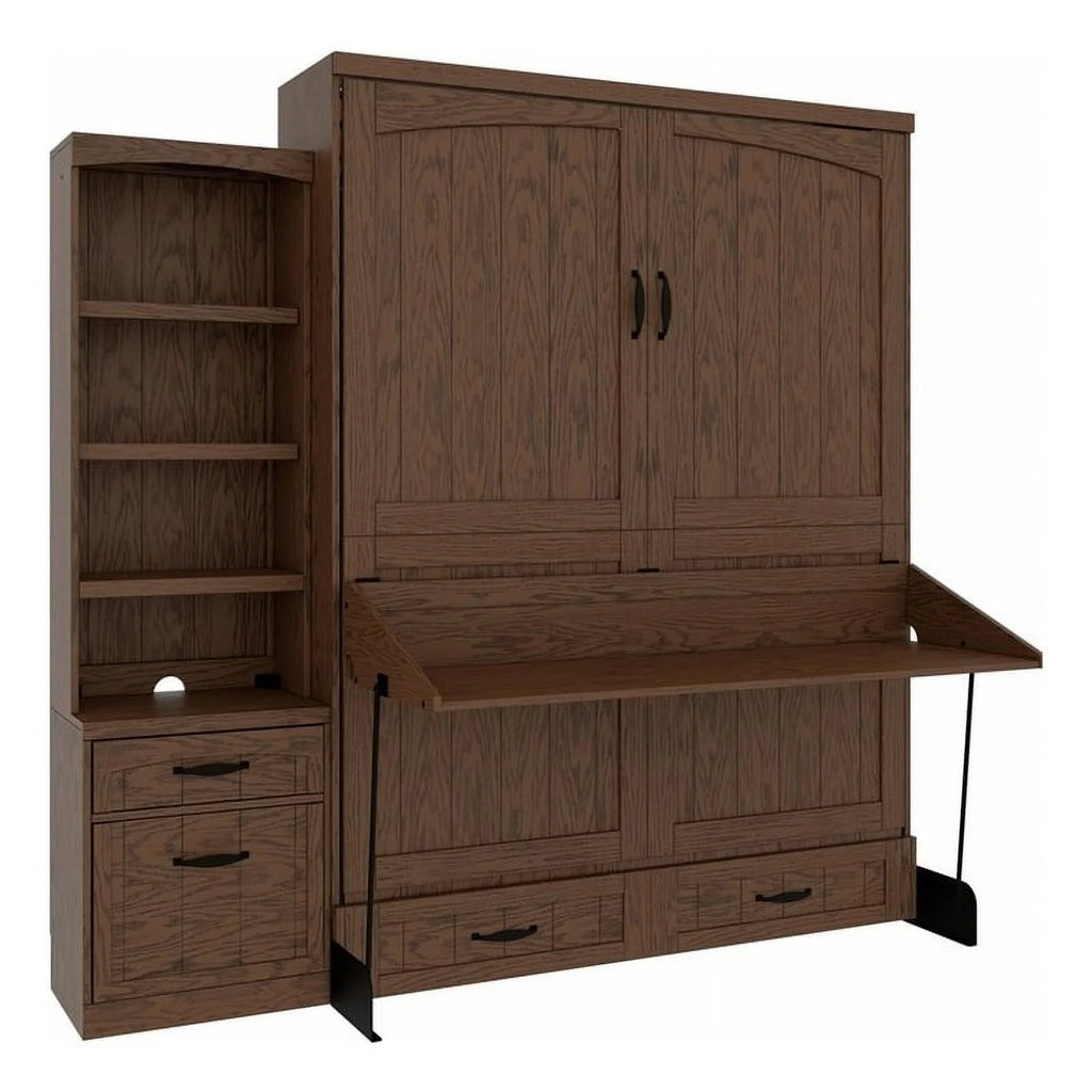 Brown Wood Queen Murphy Wall Desk Bed with Shelf Storage I859389