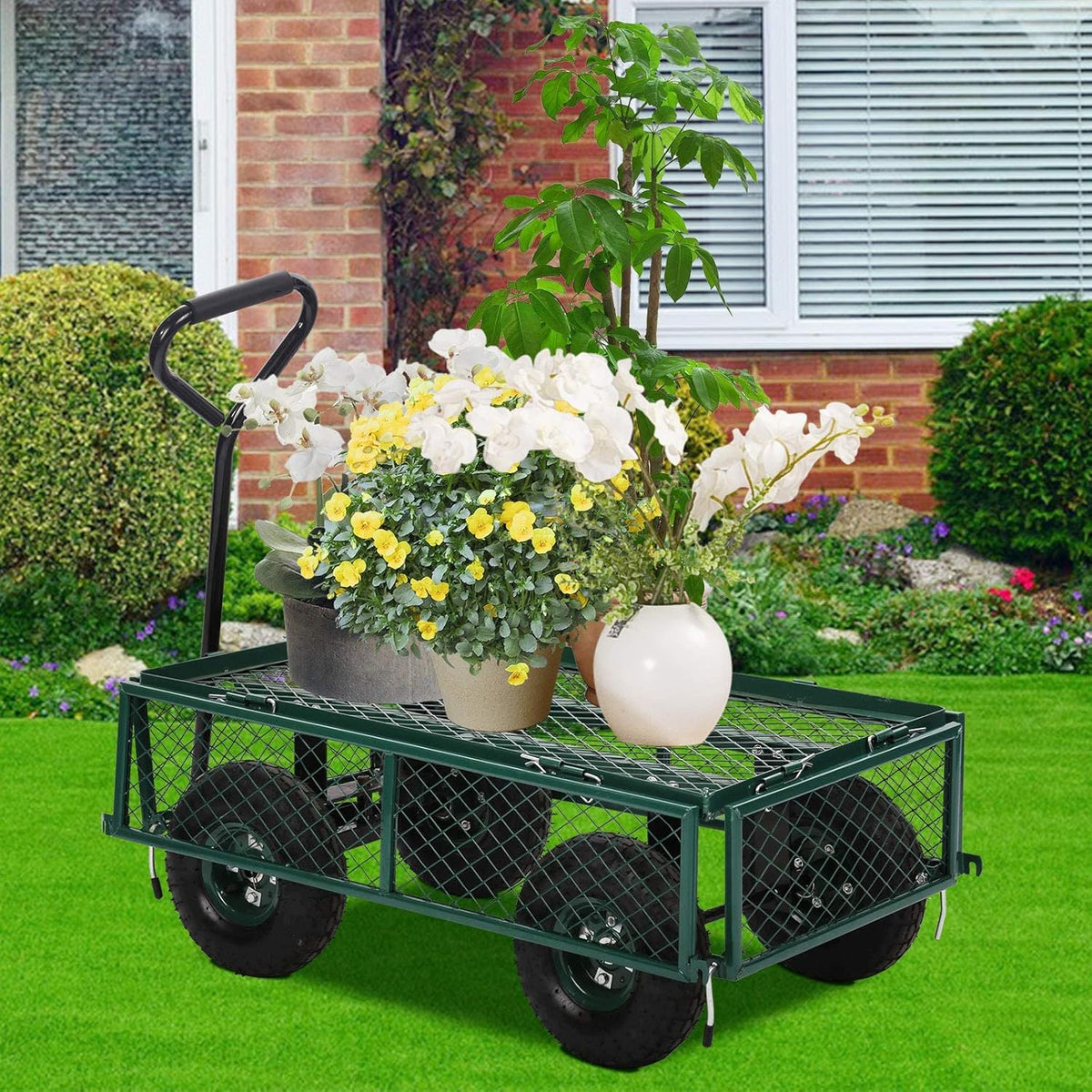 Heavy Duty Steel Utility Cart with Removable Sides and 10 Inch Wheels, Green W37086