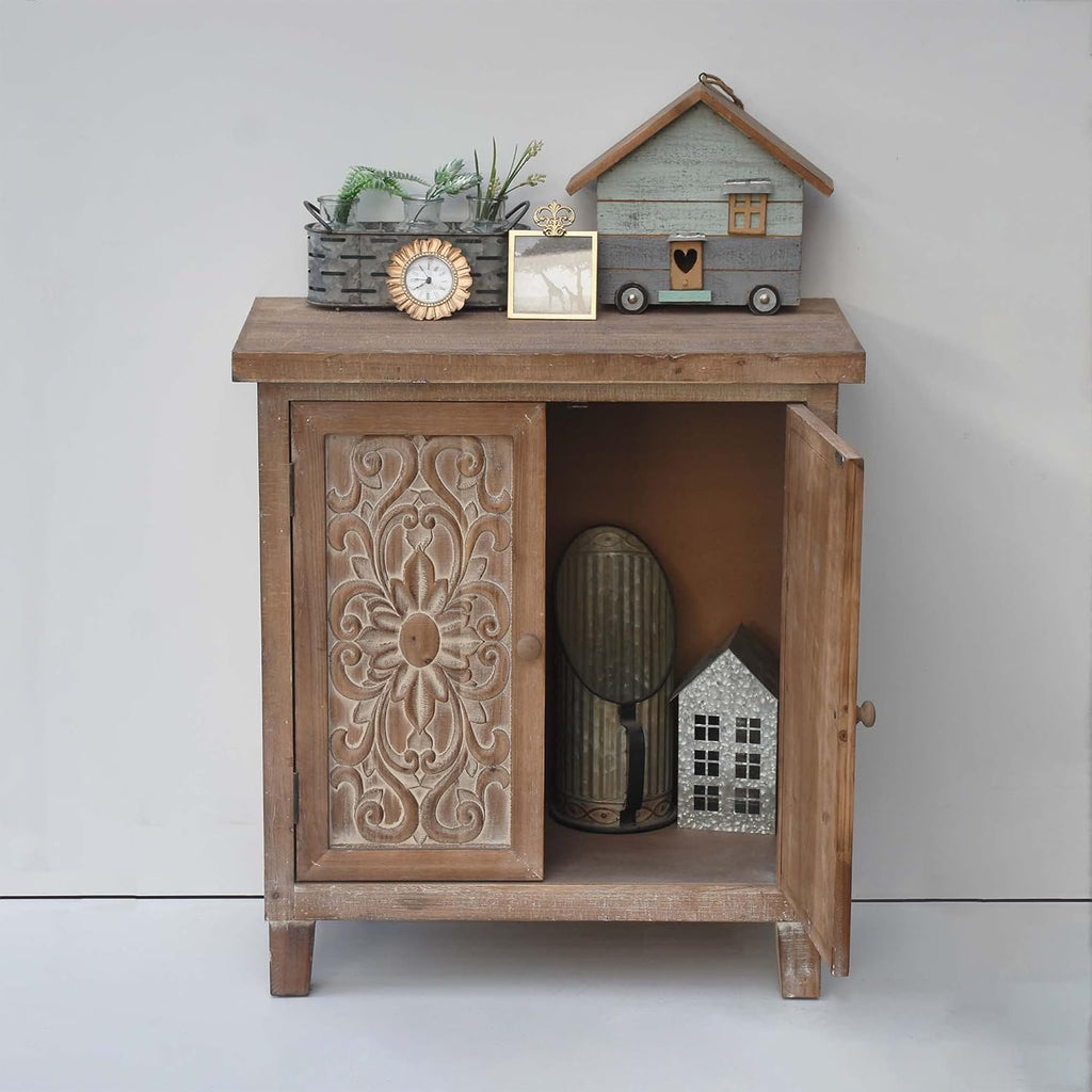 Rustic Solid Wood Storage Cabinet with Carved Doors A61700