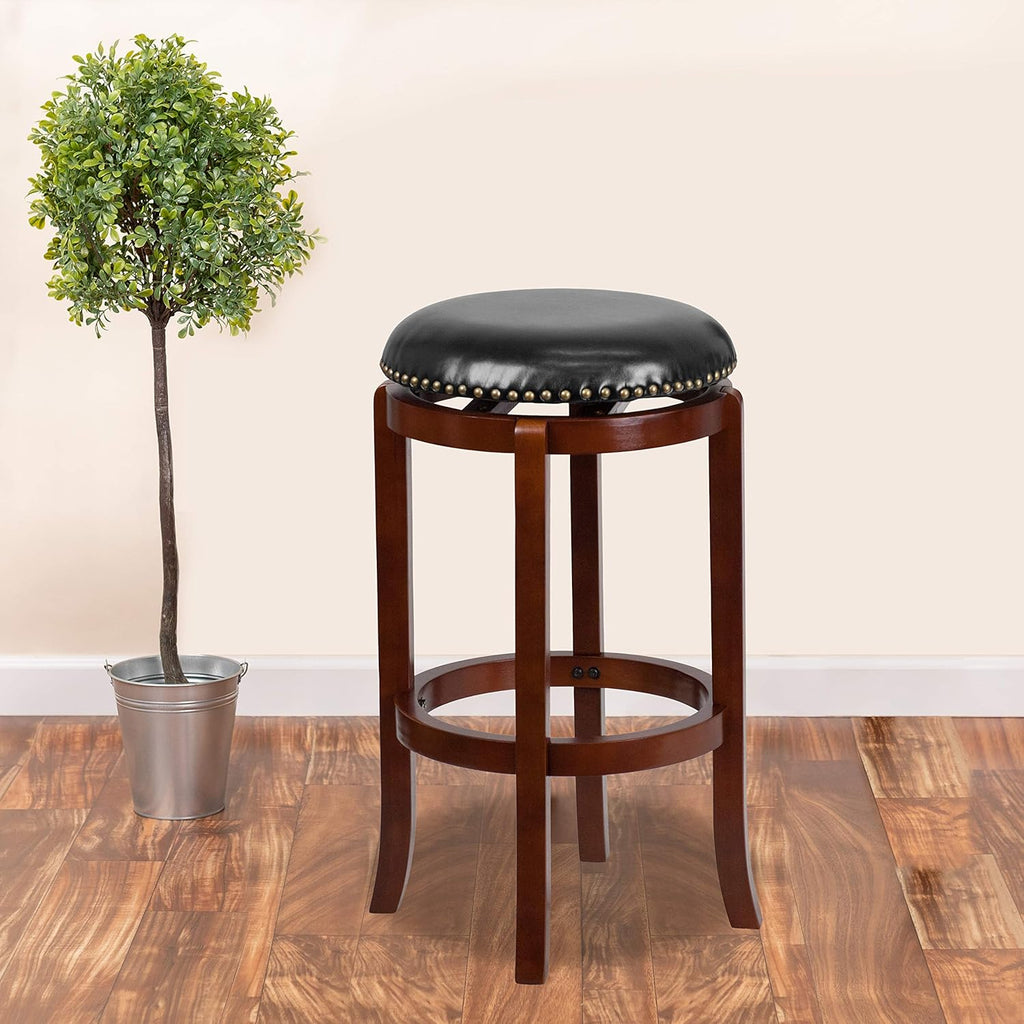 Cappuccino Wood Barstool with Black LeatherSoft Swivel Seat M191
