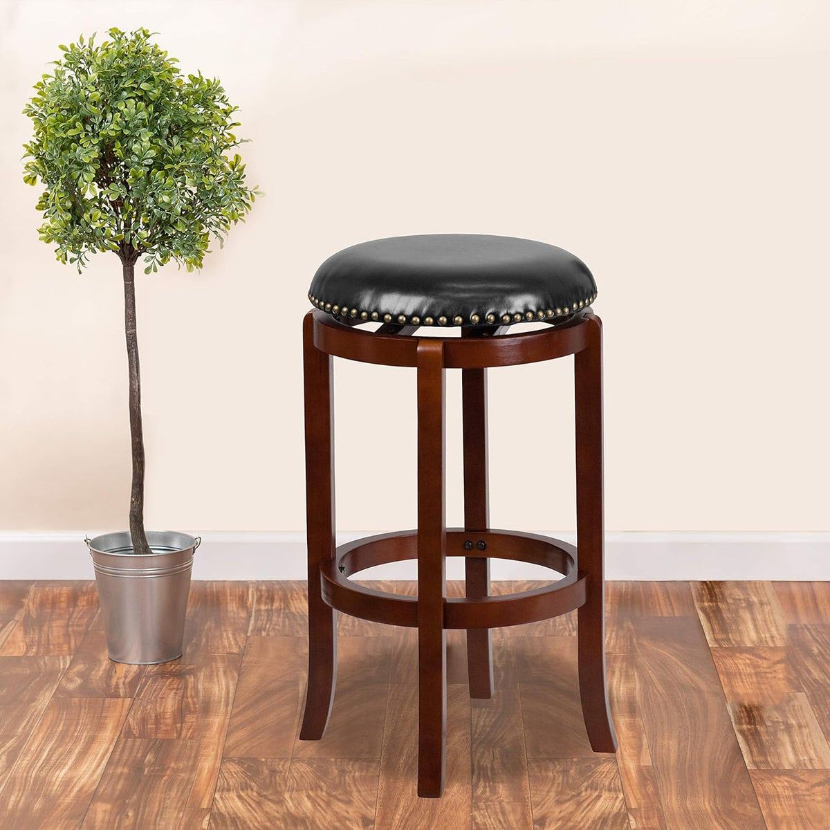 Cappuccino Wood Barstool with Black LeatherSoft Swivel Seat M191