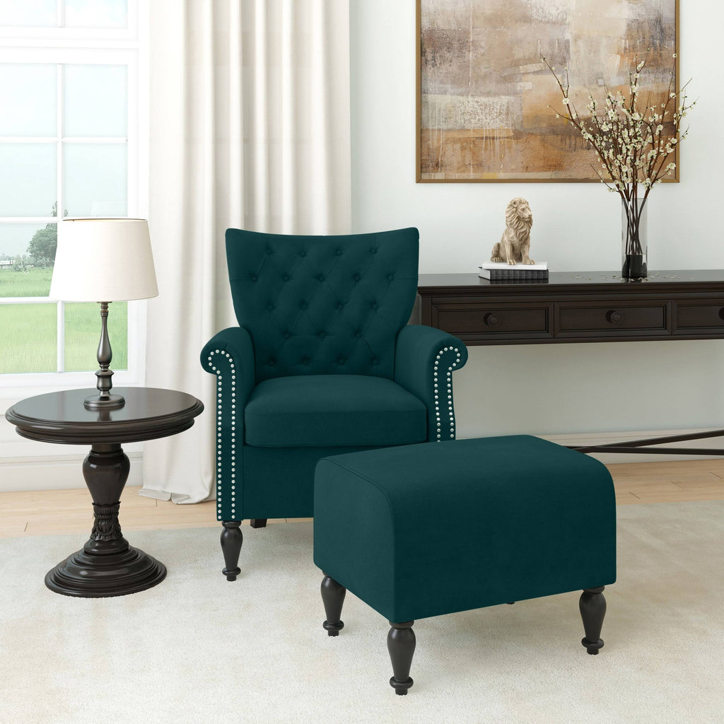 Button-Tufted Rolled Armchair and Ottoman - Ruby Red Z241635