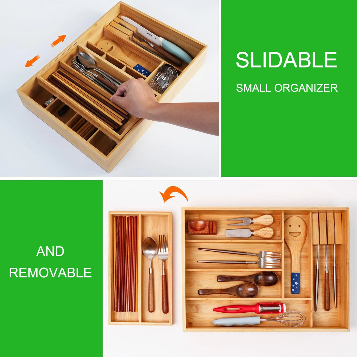 Bamboo Double Layer Kitchen Drawer Organizer with Sliding Tray, Removable Knife Block, Utensil Silverware Cutlery Storage Box, Brown T649
