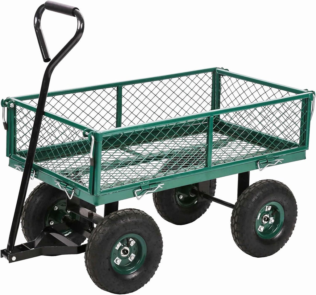 Heavy Duty Steel Utility Cart with Removable Sides and 10 Inch Wheels, Green W37086
