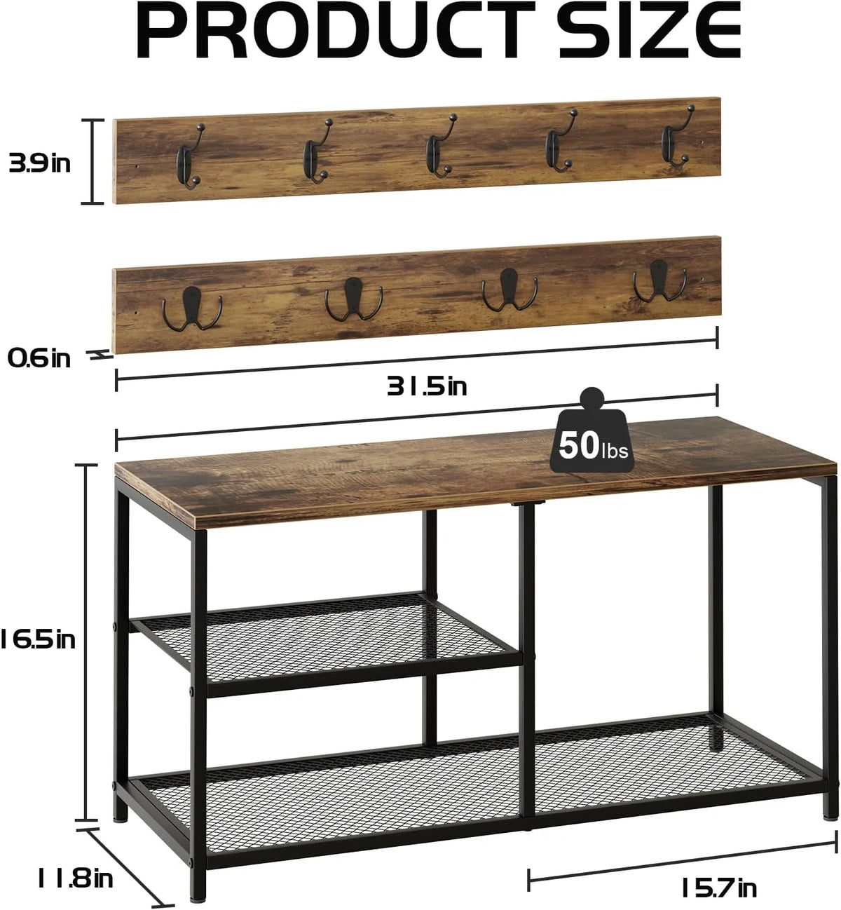 Rustic Brown Coat Shoe Rack Bench Set E46349