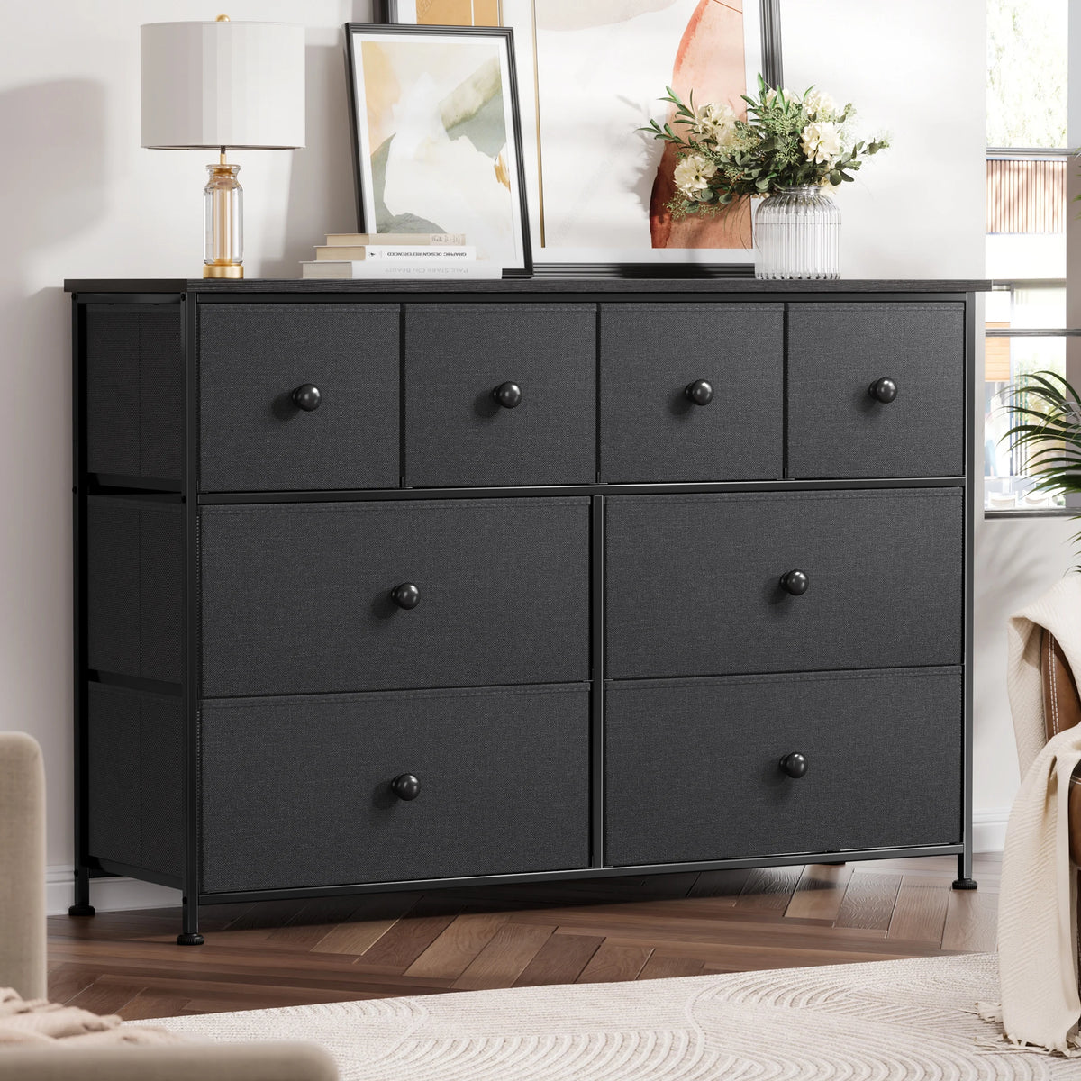 8 Drawer Fabric Dresser with Steel Frame and Wooden Top B51876