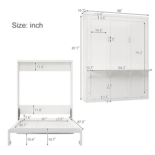 White 61.5-inch Wood Folding Wall Bed with Desk C3584