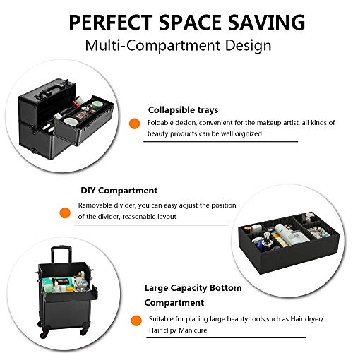 2 in 1 Rolling Makeup Train Case, Travel Makeup Organizer Cosmetic Display Case, Aluminum Cosmetology Supply Suitcase on Wheels, Beauty Storage Luggage Lockable w/4 Removable Wheels (Black) Z1175