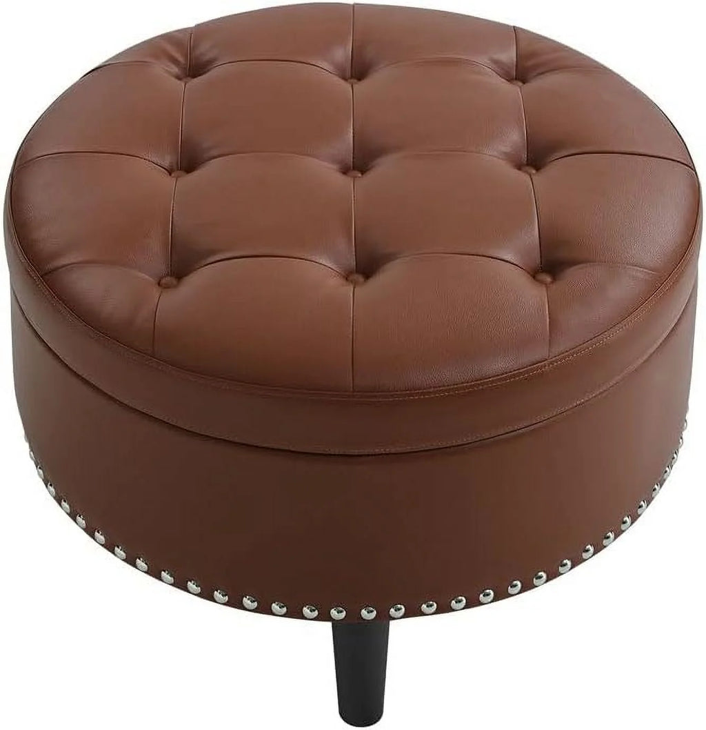 Brown Round Faux Leather Storage Ottoman L1460
