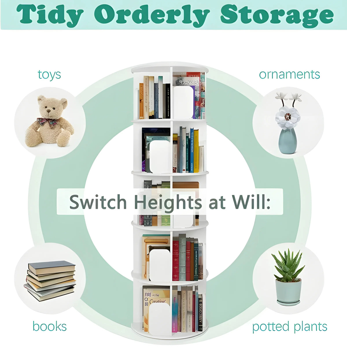 5 Tier 360° Rotating White Wood Bookshelf S385