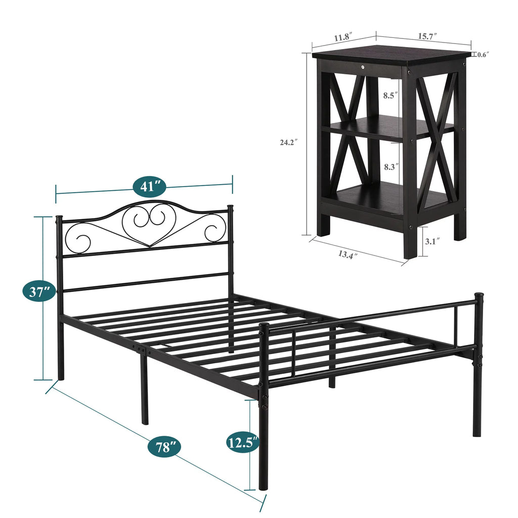 3-Piece Bedroom Set Metal Bed Frame and 2 Nightstand U184