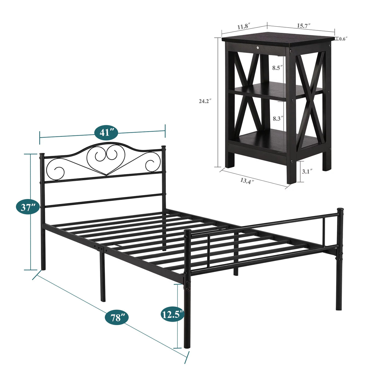 3-Piece Bedroom Set Metal Bed Frame and 2 Nightstand U184