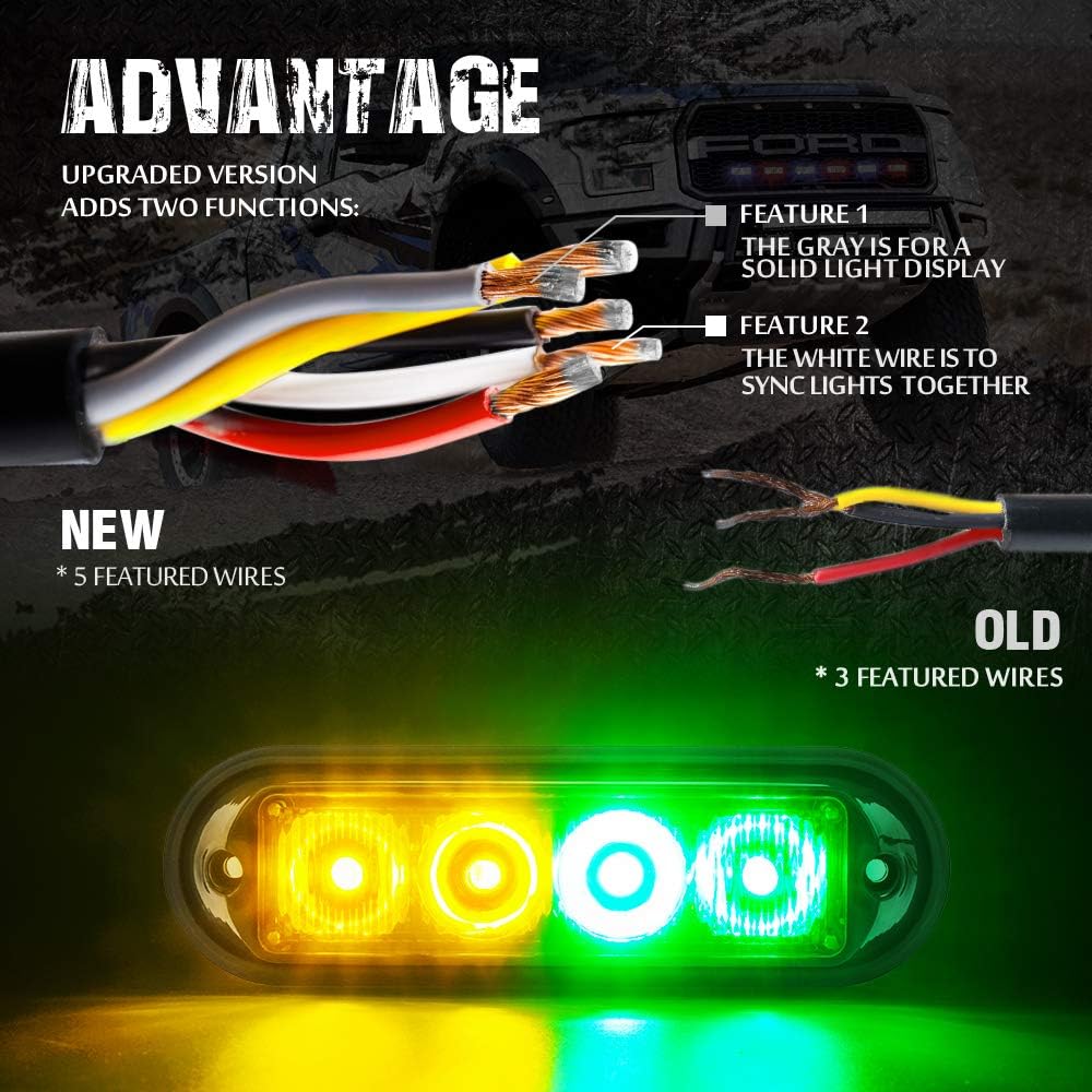 Amber Yellow & Green 4 LED 4 Watt Emergency Vehicle Waterproof Surface Mount Strobe Light Head with Clear Lens - 8 Pack W544691