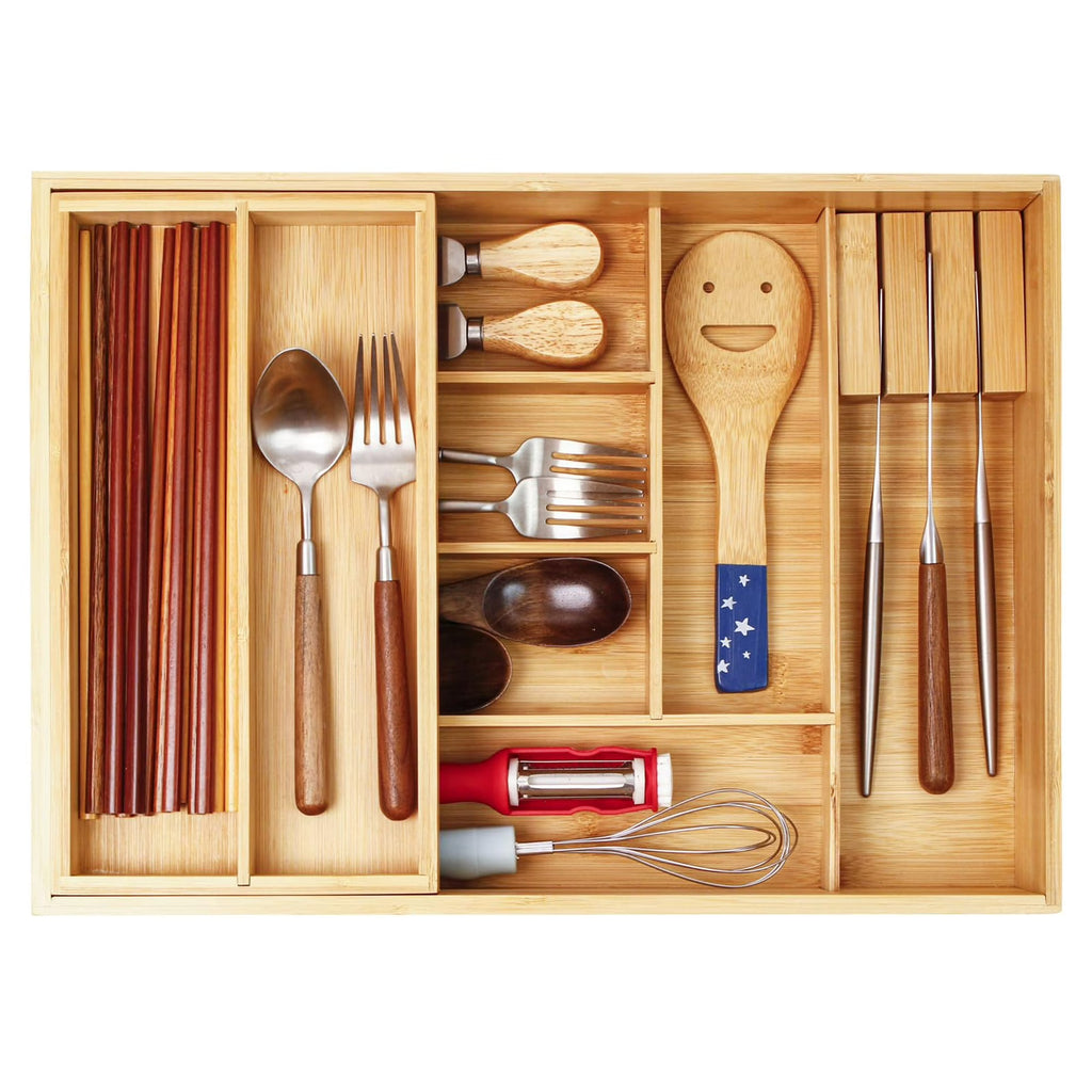 Bamboo Double Layer Kitchen Drawer Organizer with Sliding Tray, Removable Knife Block, Utensil Silverware Cutlery Storage Box, Brown T649