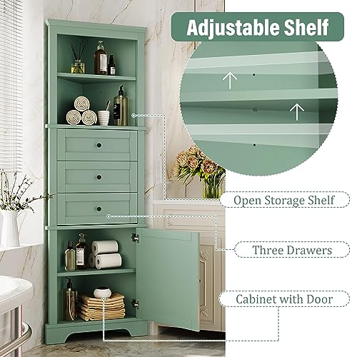Green Tall Corner Cabinet with Drawers and Shelves D2418