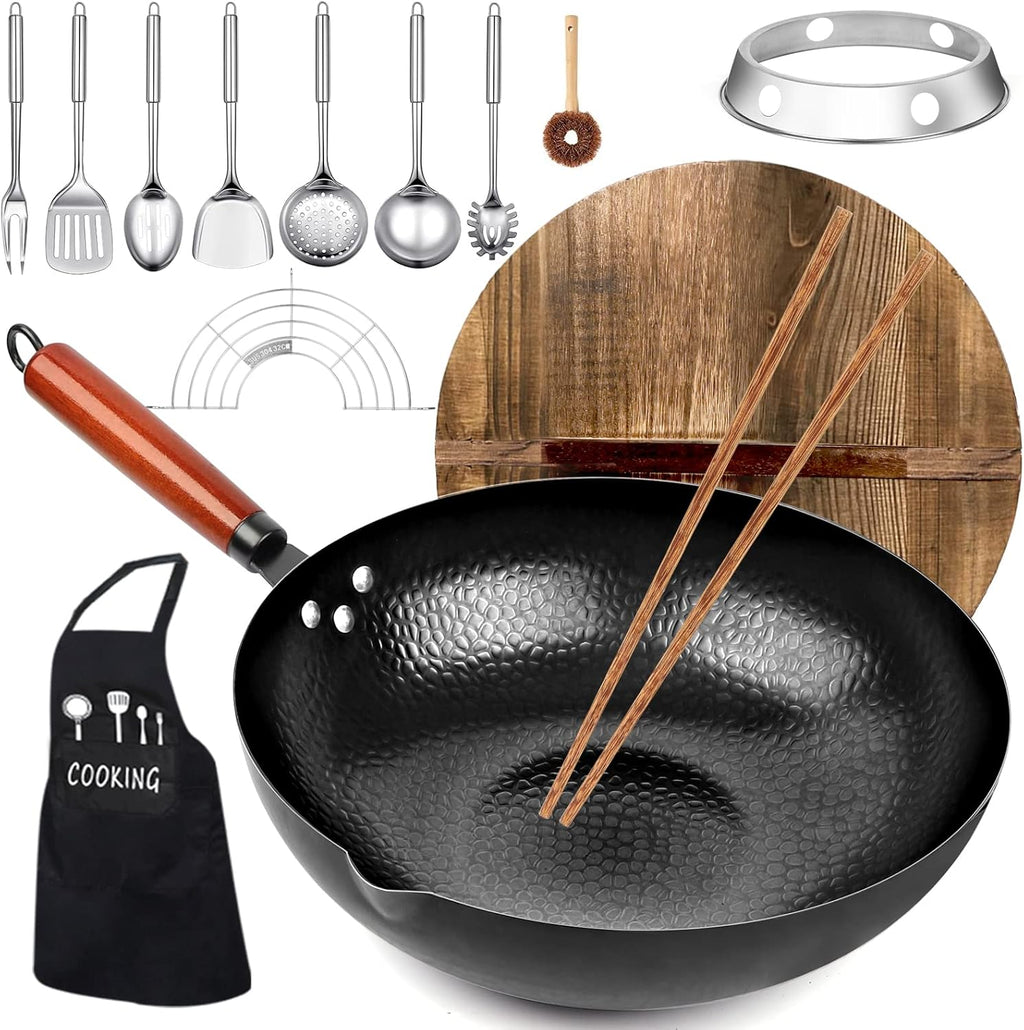 14 Piece Carbon Steel Wok Pan Set with Wooden Lid Z9918