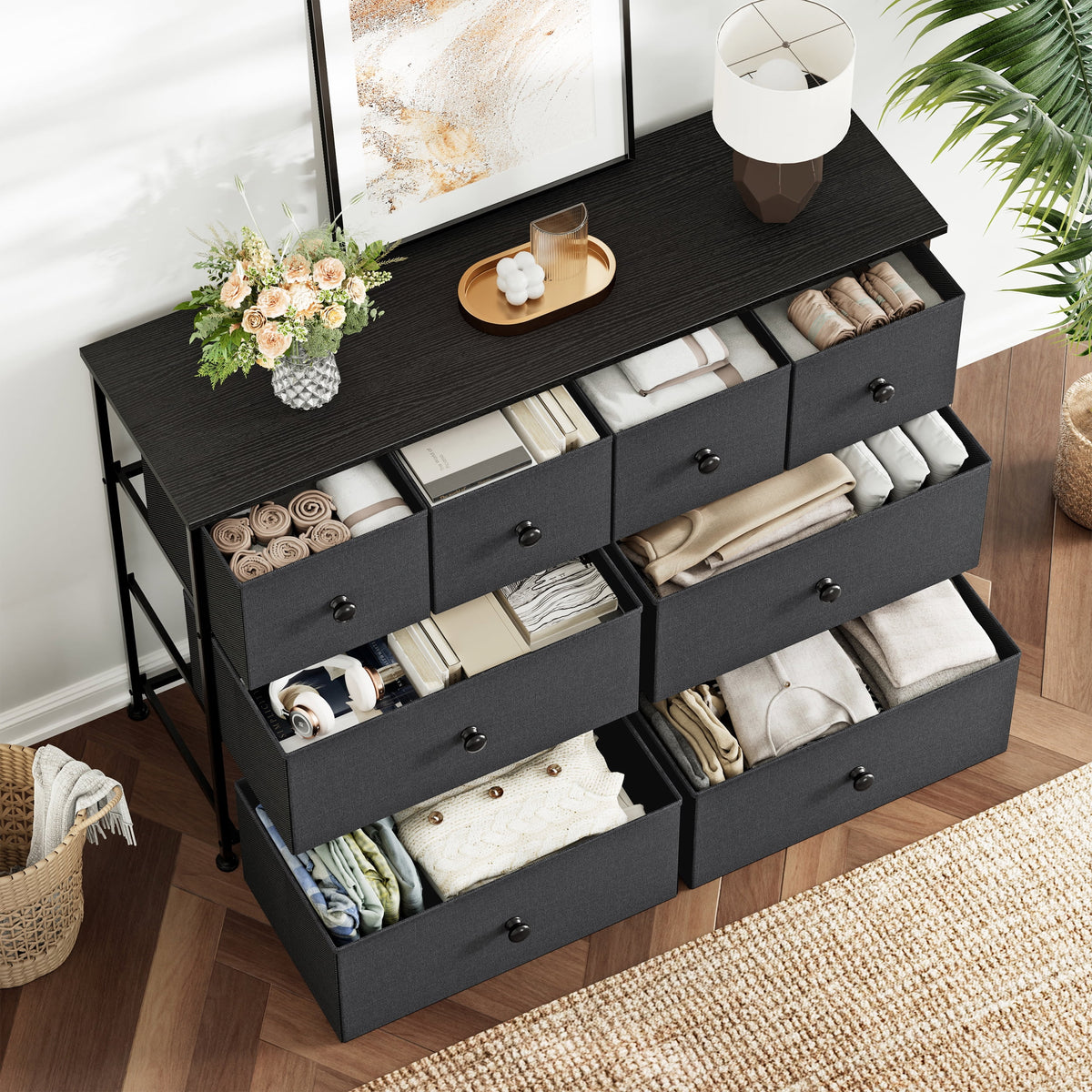 8 Drawer Fabric Dresser with Steel Frame and Wooden Top B51876