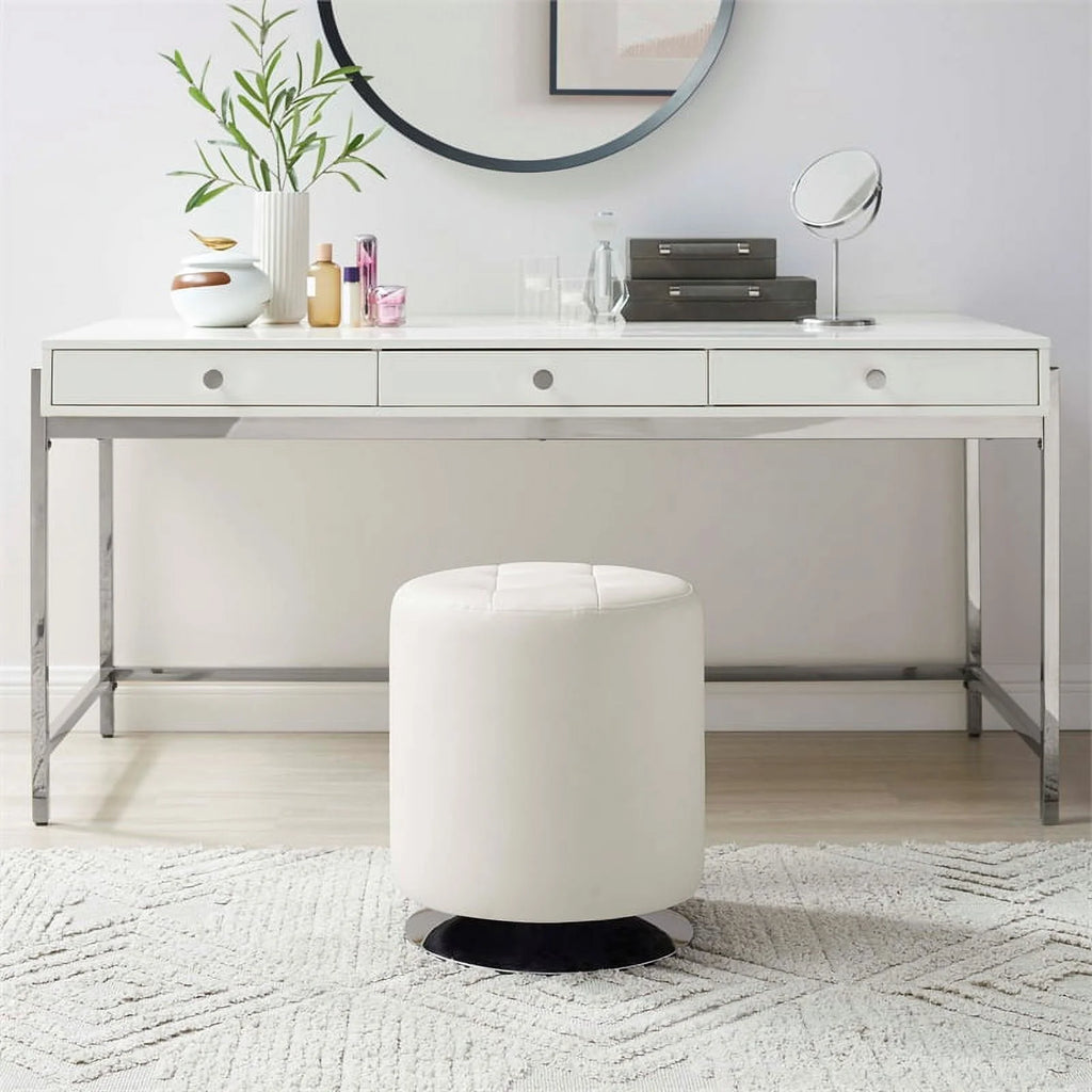 White Faux Leather Round Swivel Ottoman O459
