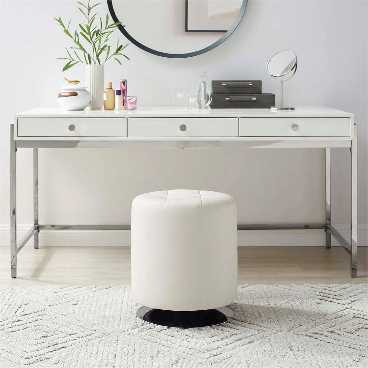 White Faux Leather Round Swivel Ottoman O459