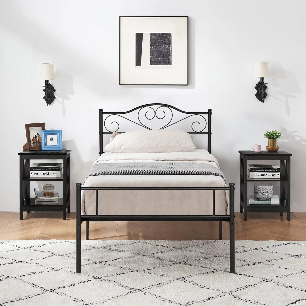 3-Piece Bedroom Set Metal Bed Frame and 2 Nightstand U184