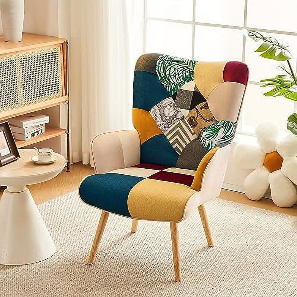 High Back Accent Chair with Linen Fabric and Wood Feet M955353