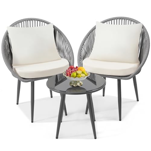 3 Piece Woven Rope Bistro Set with Cushions and Side Table G311991