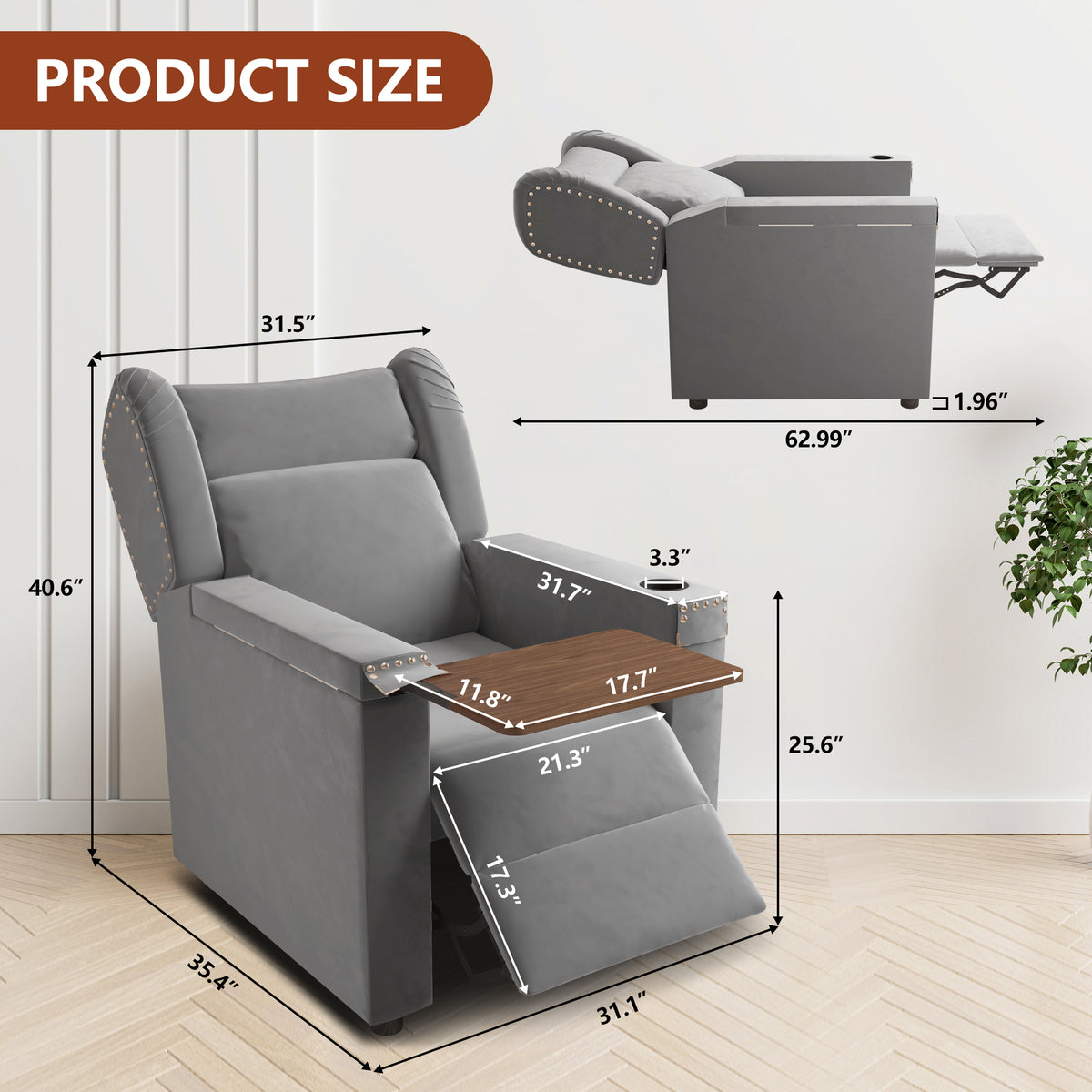 Gray Velvet Recliner Chair with Cup Holder and Table E920796