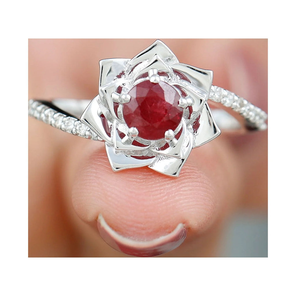 Natural Ruby Rose Floral Ring with Diamond - 1 CT, 925 Sterling Silver, US 4.00 L4308