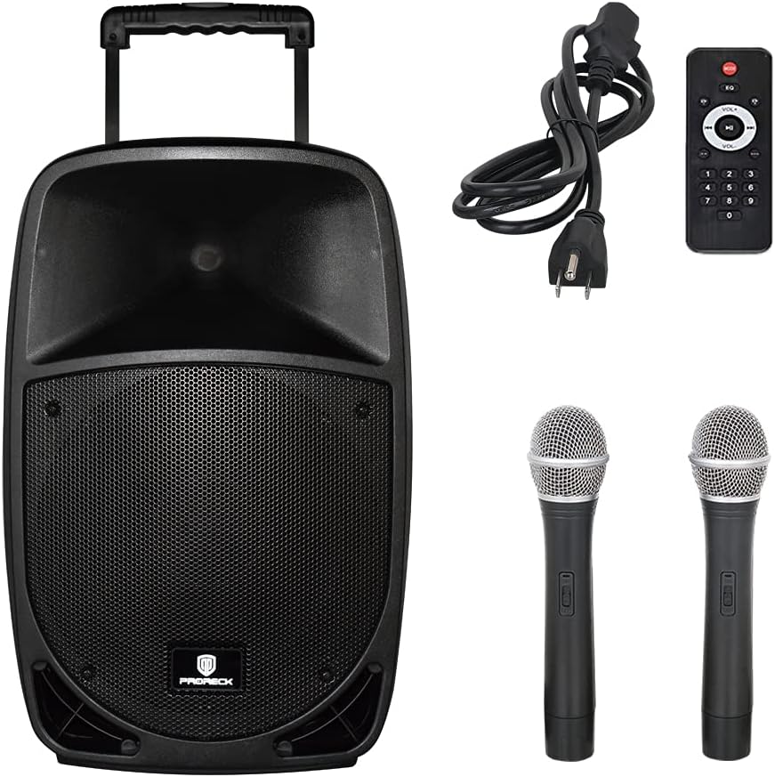 Portable 15-Inch 800 Watt 2-Way Rechargeable Powered PA Speaker with Bluetooth and Wireless Microphones D633853