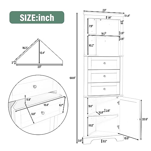Green Tall Corner Cabinet with Drawers and Shelves D2418