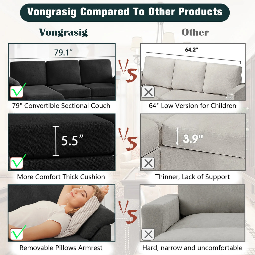 79" Convertible Sectional Sofa Couch, Linen Fabric L Shaped Sofa with Removable Pillows Black Q217782