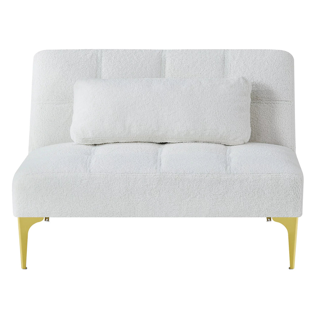 White Teddy Fabric Upholstered Futon Sofa with Pillow and Gold Metal Legs O855141