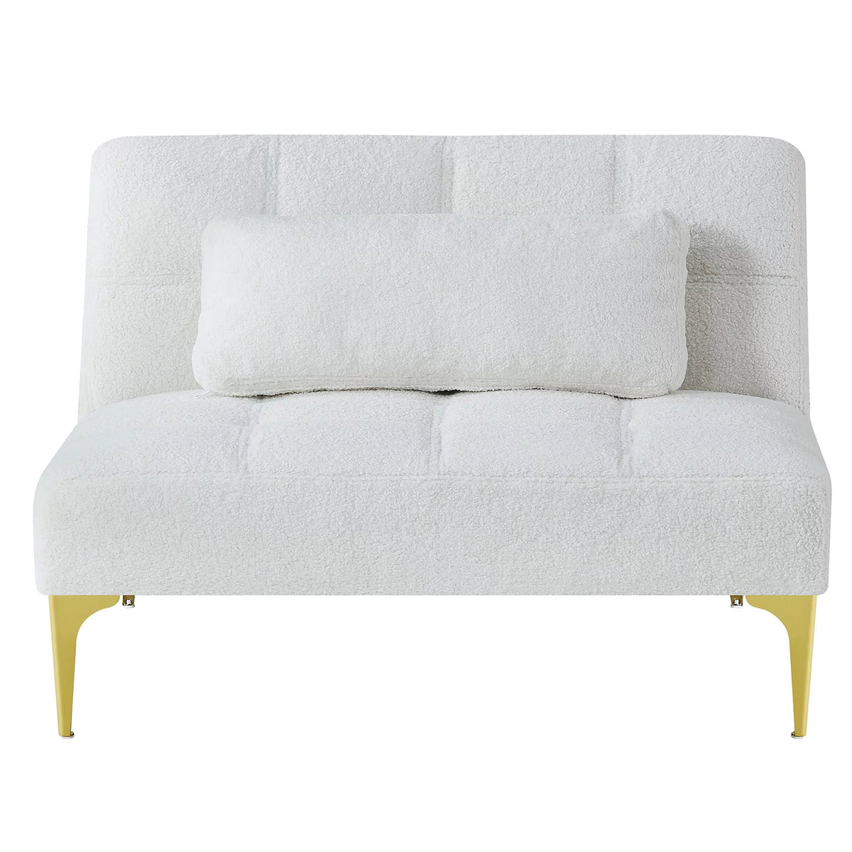 White Teddy Fabric Upholstered Futon Sofa with Pillow and Gold Metal Legs O855141