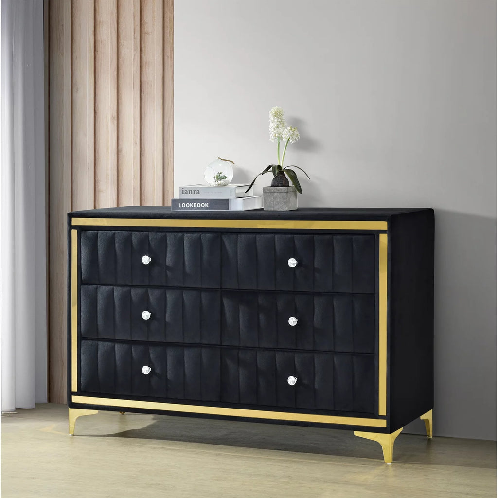 Velvet 6 Drawer Dresser with Gold Legs and Trim Q26144