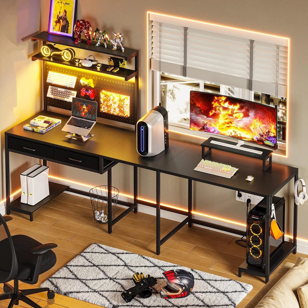 L Shaped Gaming Desk with LED Lights and Hutch Q609