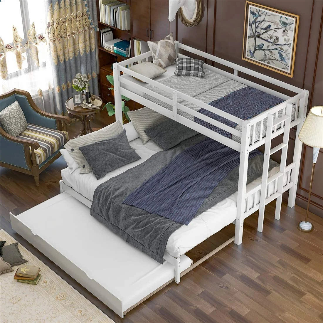 Twin Over King Wooden Bunk Bed with Trundle and Ladder W762